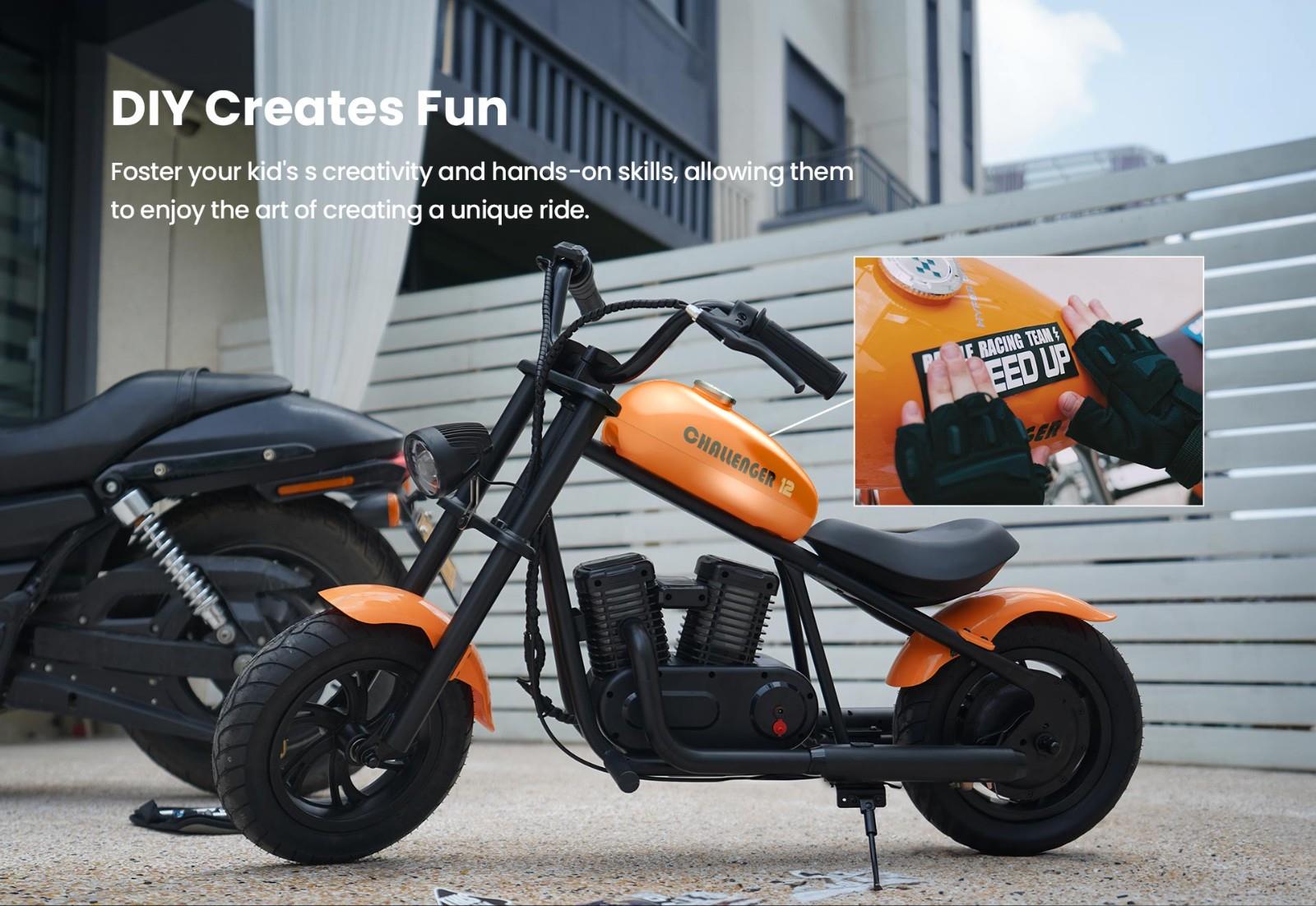 Hyper GOGO Challenger 12 Plus Elektrische Motorfiets voor Kinderen, 12 x 3 Banden, 160W, 5.2Ah, Luidspreker - Oranje
