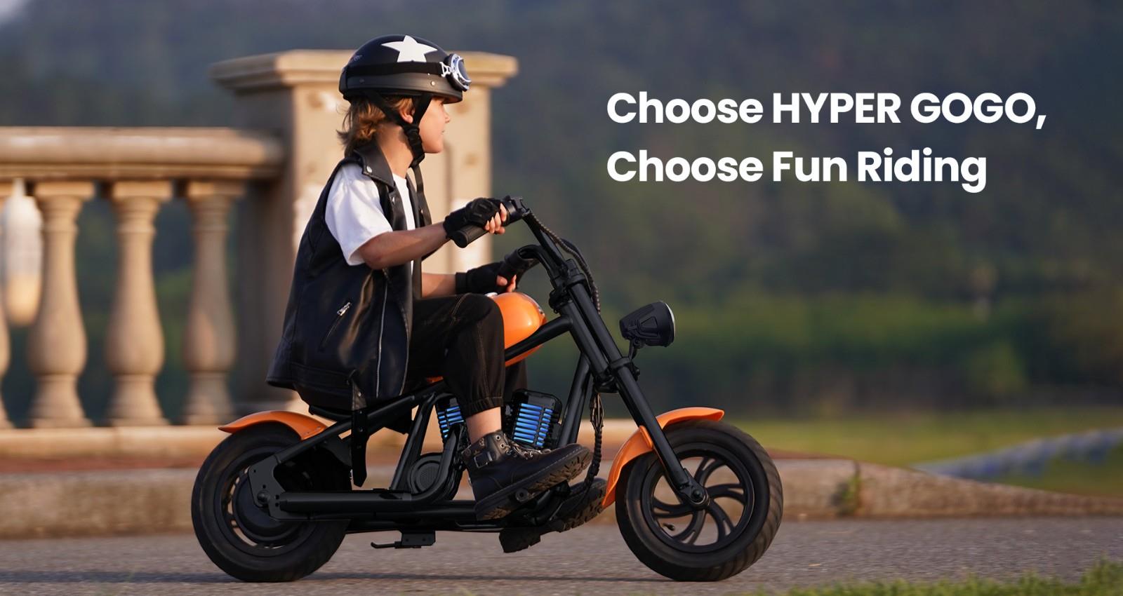 Hyper GOGO Challenger 12 Plus Electric Motorcycle for Kids, 12 x 3 Tires, 160W, 5.2Ah, Speaker - Orange
