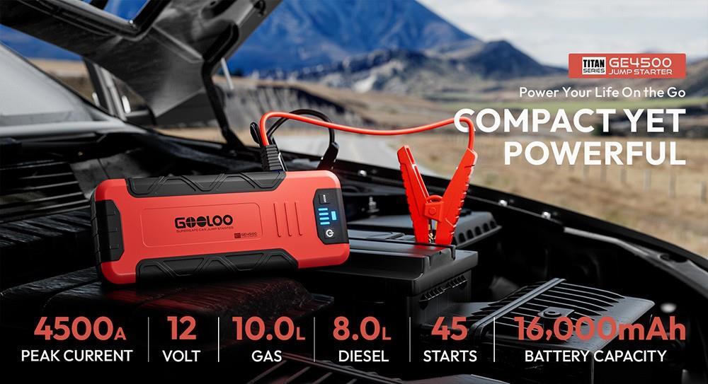 GOOLOO GE4500 4500A Peak 12V Batterie de Voiture Portable Démarreur de Saut  pour jusqu'à 10L Moteurs Diesel et 8L, Booster de Batterie au Lithium  Automatique SuperSafe 