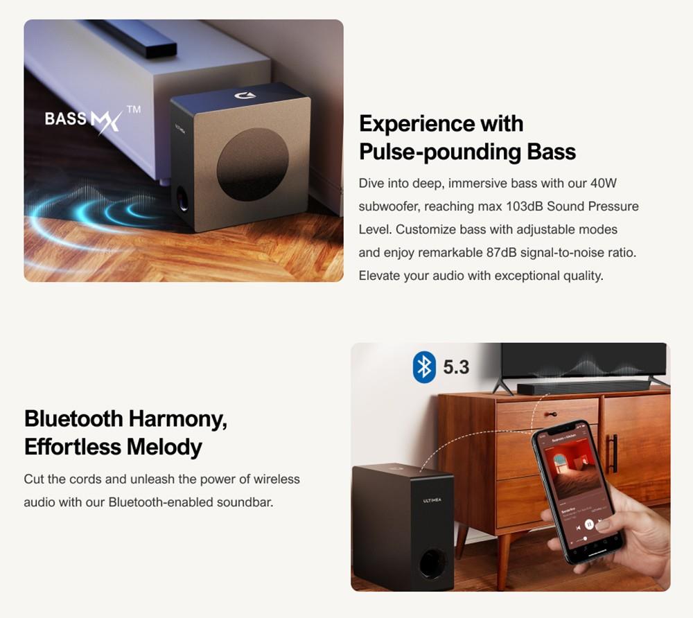 Ultimea Nova S50 Soundbar 3 Speakers 3D Surround Sound, 2.1 Channel Speaker