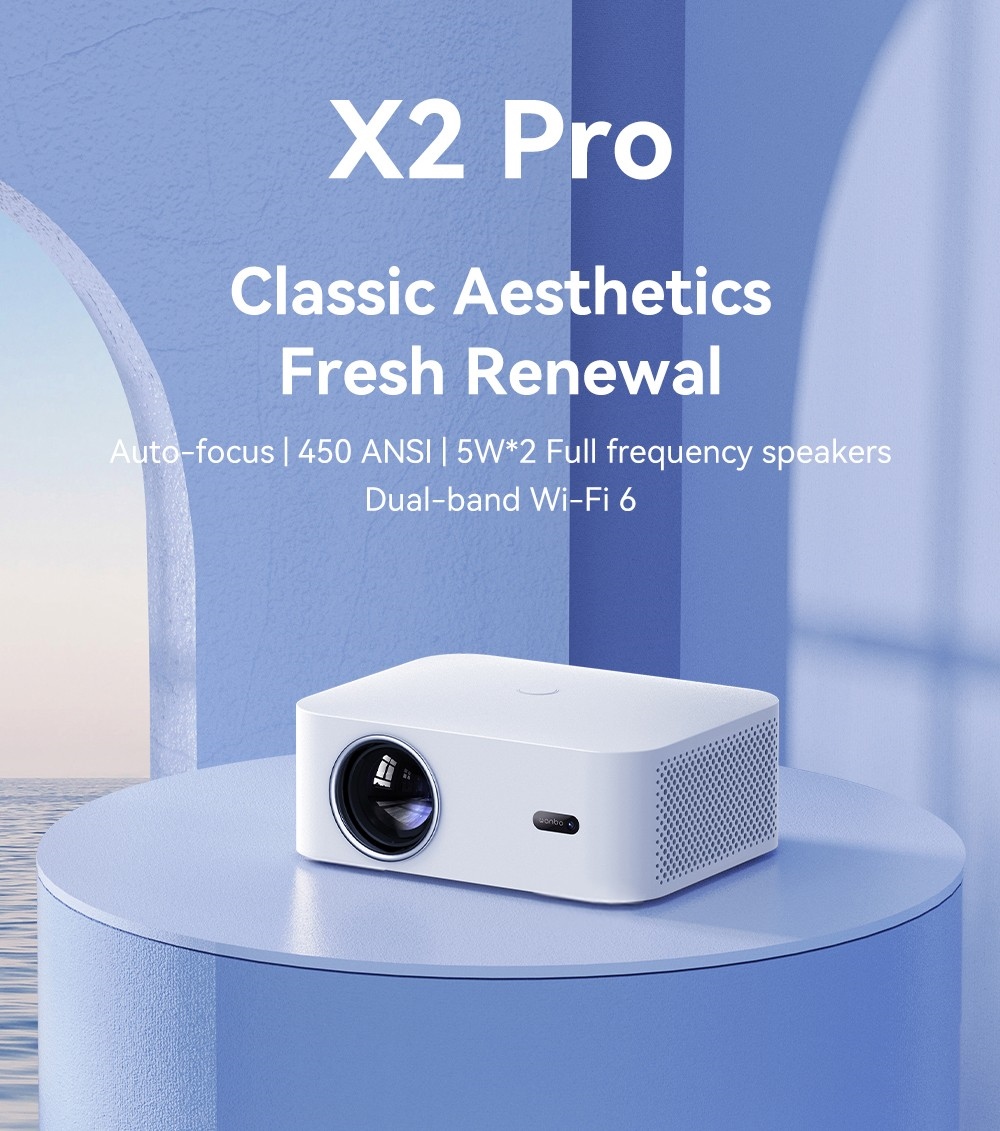WANBO X2 Pro Projector, Dual-Band Wifi 6, Bluetooth 5.0, AI Auto-Focus, Android 9.0, 2*HDMI - White