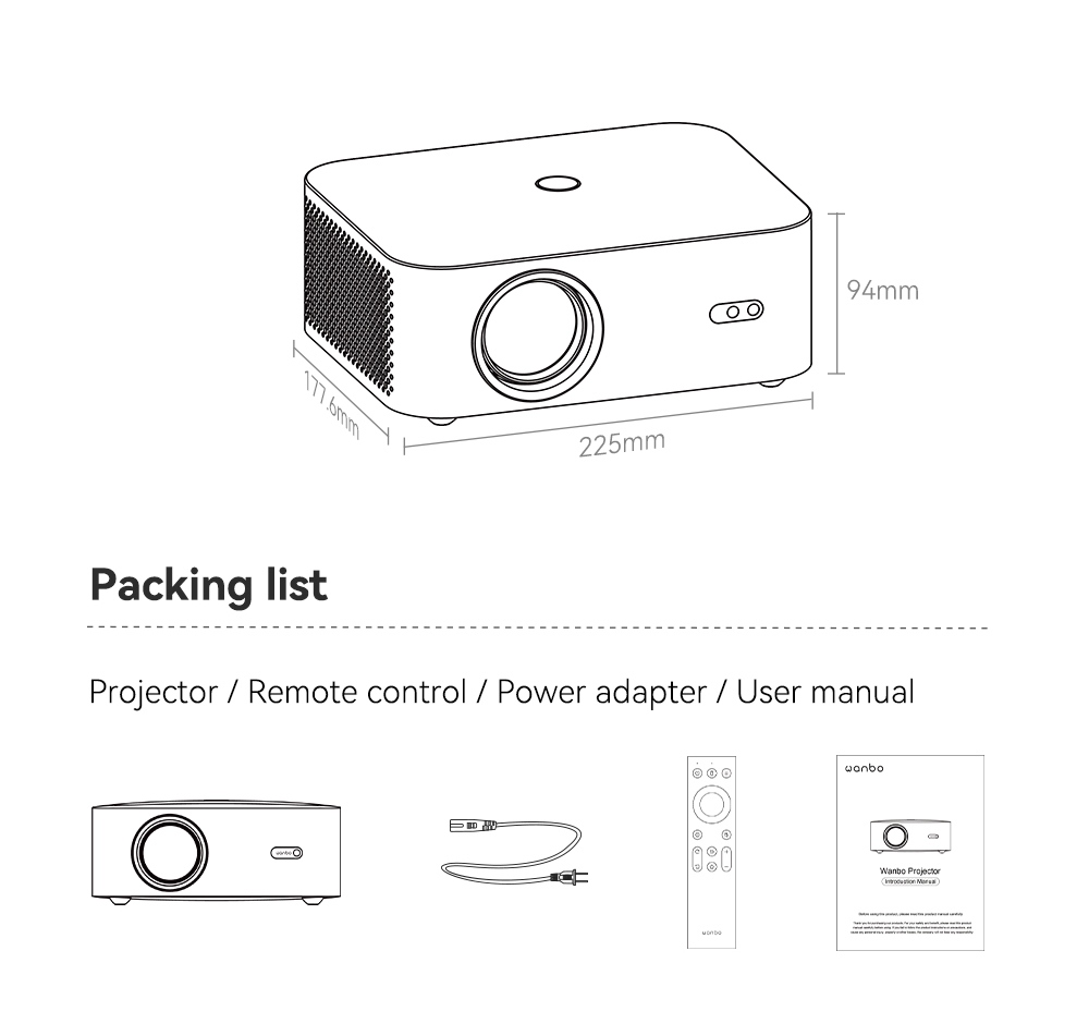 WANBO X2 Pro Projektor, Dual-Band Wifi 6, Bluetooth 5.0, AI Auto-Focus, Android 9.0, 2*HDMI - Weiß