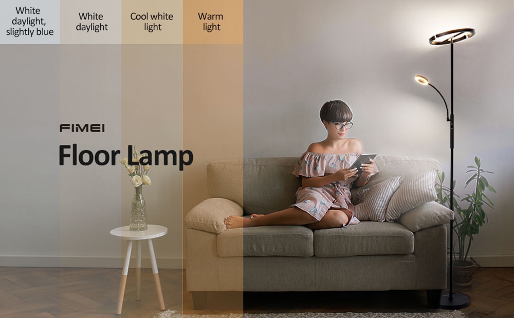 FIMEI MF18813 Vloerlamp met Leeslamp, Oogbescherming, 4 Kleurtemperaturen, Traploos Dimbaar, Touch Control - Zwart