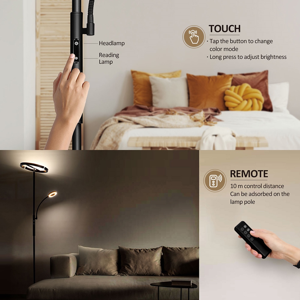 FIMEI MF18813 Vloerlamp met Leeslamp, Oogbescherming, 4 Kleurtemperaturen, Traploos Dimbaar, Touch Control - Zwart