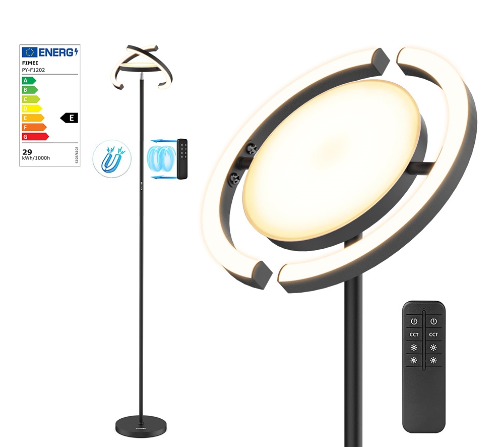FIMEI PY-F1205 LED Floor Lamp, Central Upward Light, 3000K-6000K Color Temperature, Stepless Dimming, Remote Control - Black