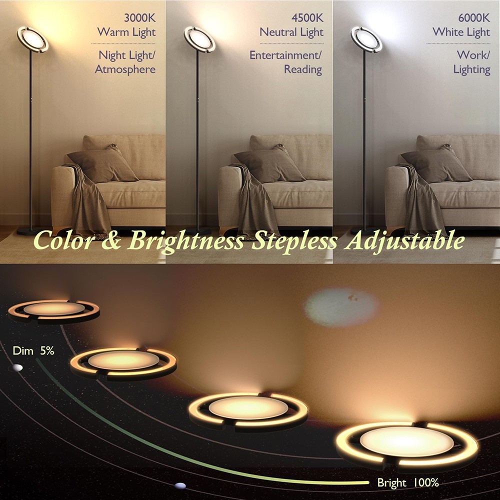 FIMEI PY-F1205 LED Floor Lamp, Central Upward Light, 3000K-6000K Color Temperature, Stepless Dimming, Remote Control - Black