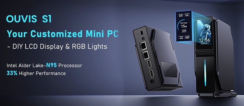 OUVIS S1 Mini PC with LCD Screen RGB Light, Intel Alder Lake N95, Windows 11, 16GB RAM 512GB SSD, WiFi 5, Bluetooth 4.2