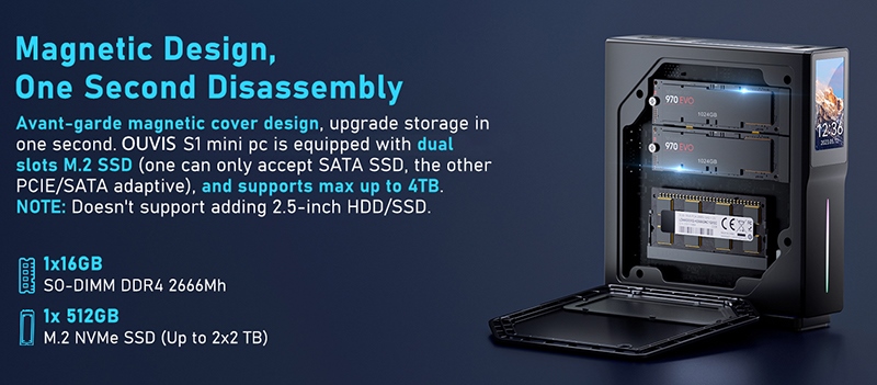 OUVIS S1 Mini-PC mit Display & RGBs, Intel Alder Lake N95, Windows 11, 16 GB RAM, 512 GB SSD, WiFi 5, Bluetooth 4.2