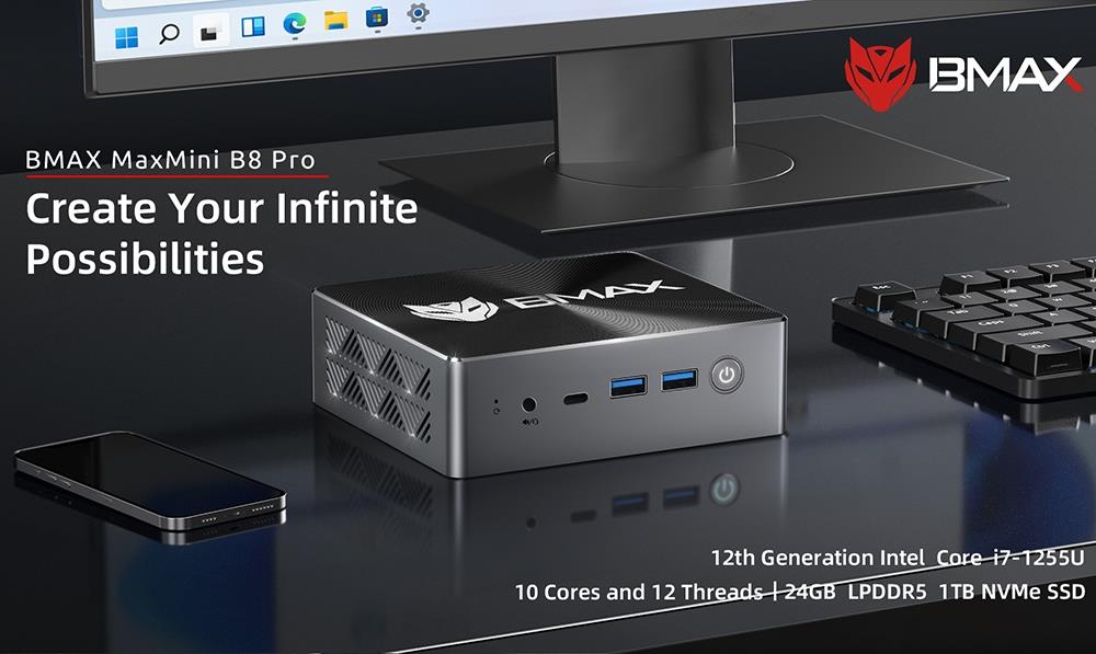 BMAX B8 Pro Mini PC, Intel i7-1255U Processor (up to 4.7GHz) 10 Cores, 24GB 1TB, Windows 11