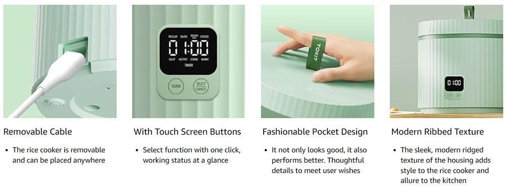 TOKIT TFB014 Mini Rijstkoker, 1,5L, Touch Screen, Keramisch gecoate binnenpan met antiaanbaklaag, voor 1-3 personen - Groen