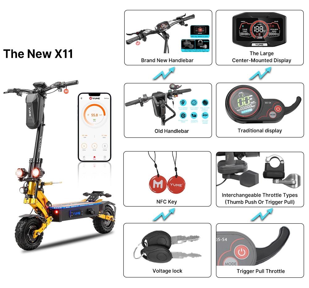 YUME X11 elektrische scooter, 3000W*2 motor, 60V 30Ah batterij, 11-inch Off-road dikke banden, 50mph max snelheid