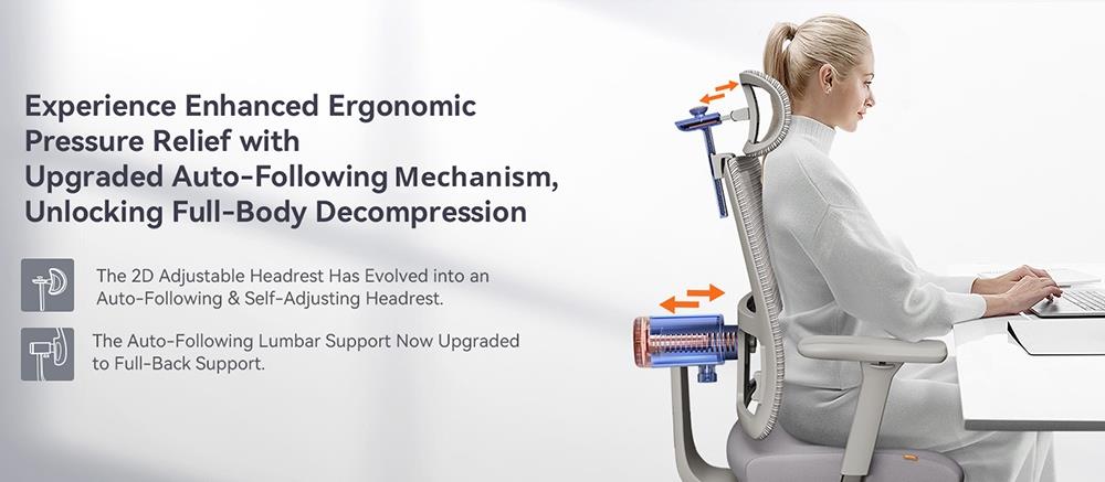 NEWTRAL MagicH-BPro Ergonomischer Stuhl mit Fußstütze, Auto-Following Backrest Kopfstütze, Adaptive Lower Back Support - Grau