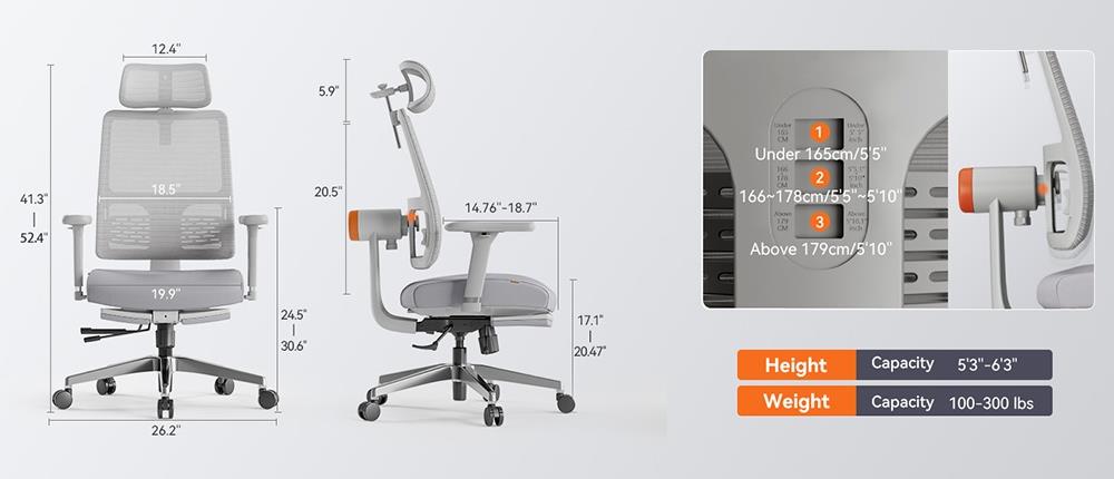 NEWTRAL MagicH-BPro Ergonomischer Stuhl mit Fußstütze, Auto-Following Backrest Kopfstütze, Adaptive Lower Back Support - Grau