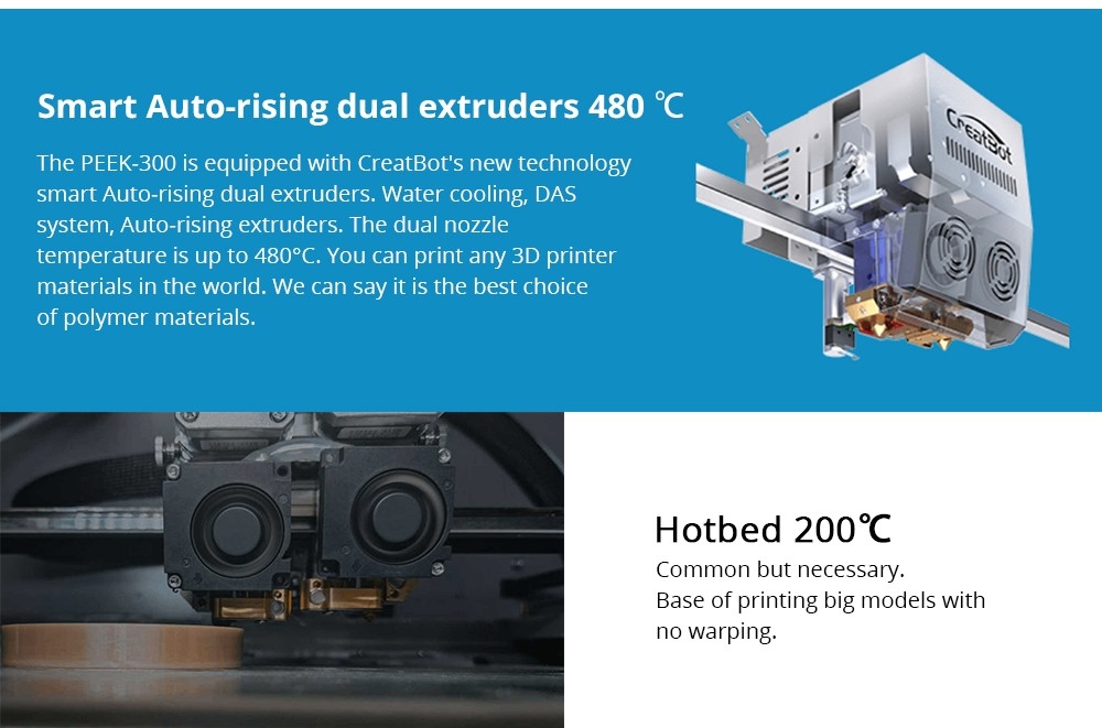 CreatBot PEEK-300 3D Printer, Auto-Leveling, Dual Extruders, 10-120mm/s Print Speed