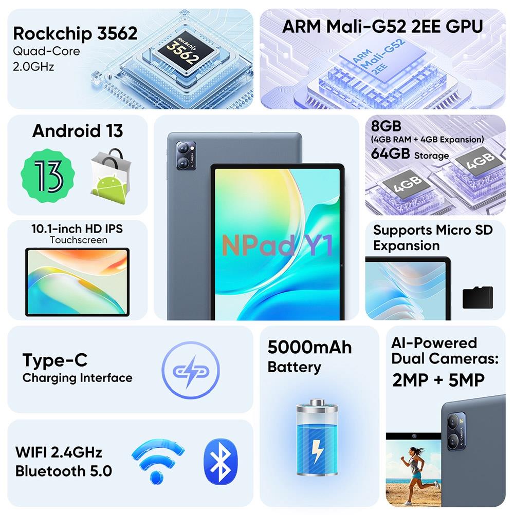 N-one Npad Y1 10,1-inch Tablet, 1280x800 HD IPS Touchscreen, Rockchip 3562, Android 13, 4GB 4GB 64GB
