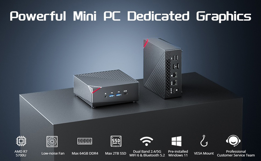 T-bao MN57 Mini PC, AMD R7 5700U 8 cores tot 4,3GHz, 32GB DDR4 RAM 1TB SSD, WiFi 6 Bluetooth 5.2