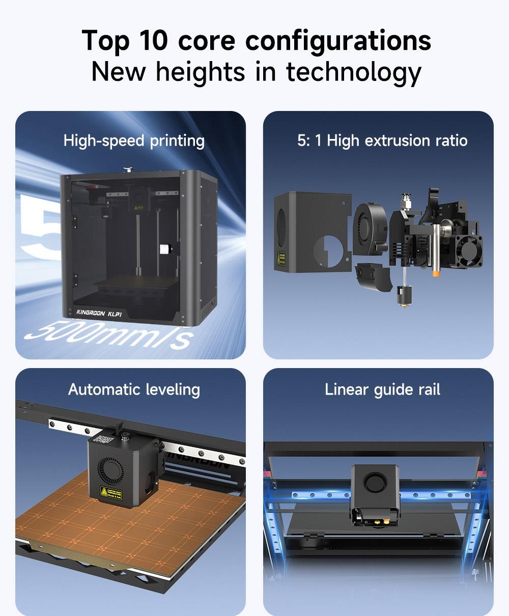 KINGROON KLP1 3D Printer, Automatisch waterpas, 0,05-0,3mm afdruknauwkeurigheid, 500mm/s afdruksnelheid, Klipper Firmware