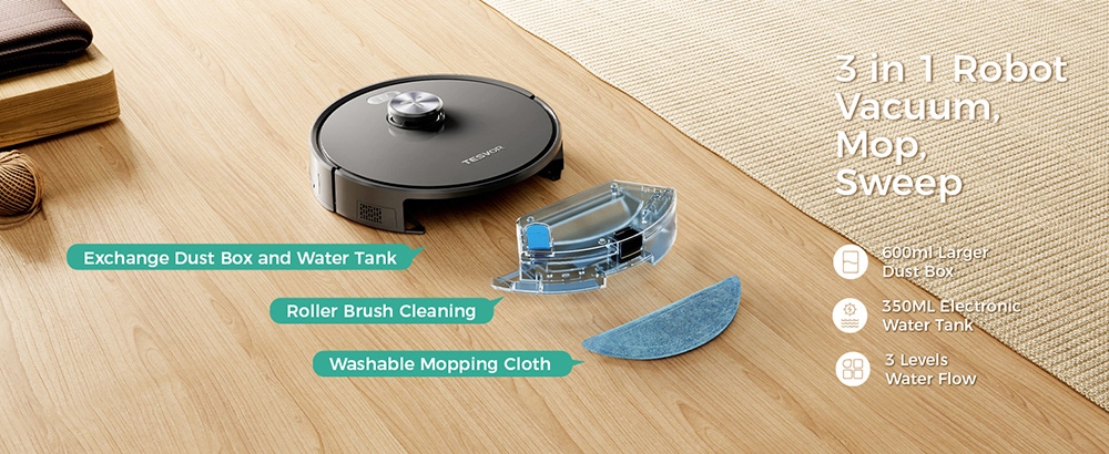 Tesvor S5 Robot Vacuum Cleaner, 3 in 1 Vacuum Mopping Sweeping, 3000Pa Suction, LiDAR Navigation - Black