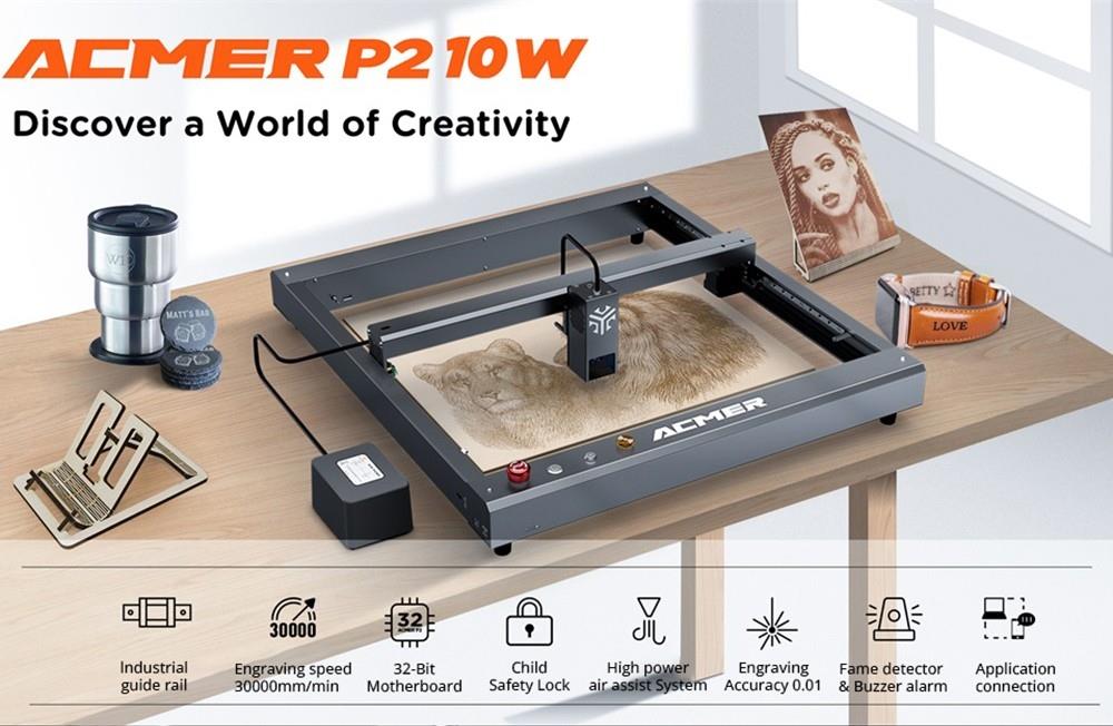 ACMER P2 10W Laser Engraver Cutter, Fixed Focus,30000mm/min, Ultra-silent Auto Air Assist,iOS Android App Control, 420*400mm