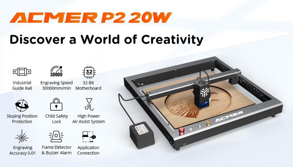 ACMER P2 20W Laser Engraver Cutter, Fixed Focus,30000mm/min, Ultra-silent Auto Air Assist, iOS Android App Control, 420*400mm