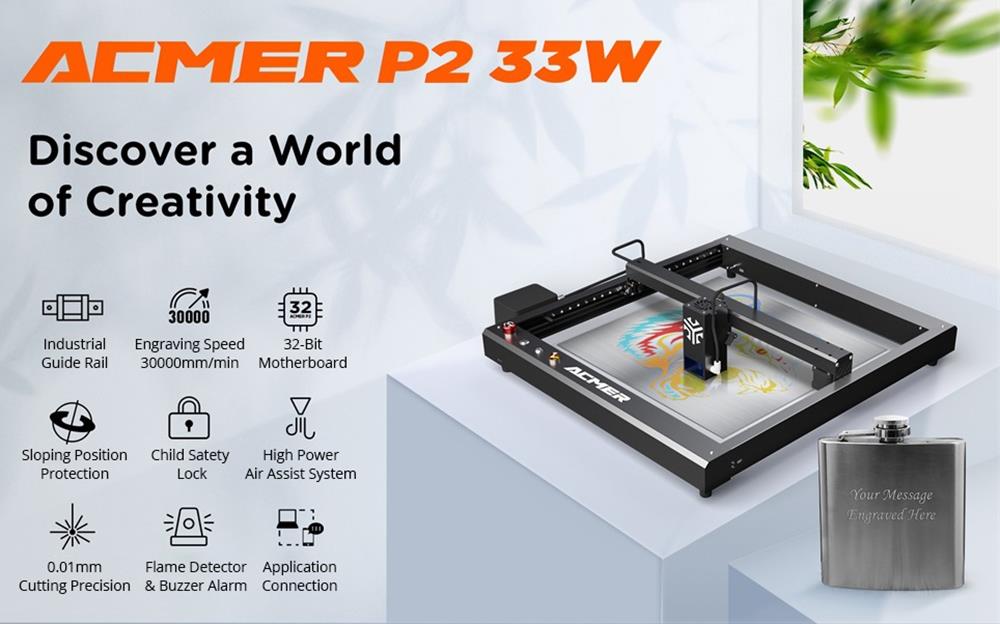 ACMER P2 33W Laserschneider, 30000mm/min, geräuscharme automatische Luftunterstützung, iOS Android App-Steuerung, 420*400mm