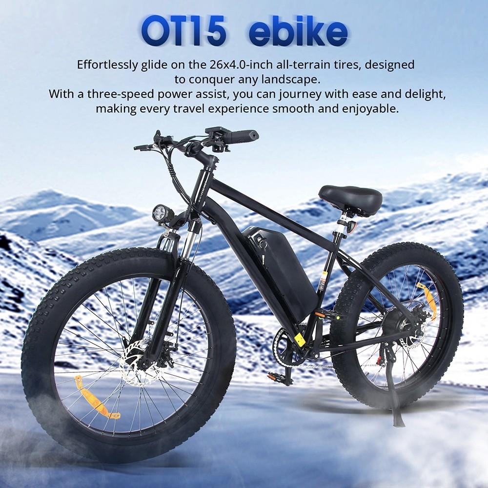 OT15 Electric Bike, 26*4 inch Fat Tires, 500W Motor, 48V 17Ah Battery, 25km/h Max Speed, 100km Max Range