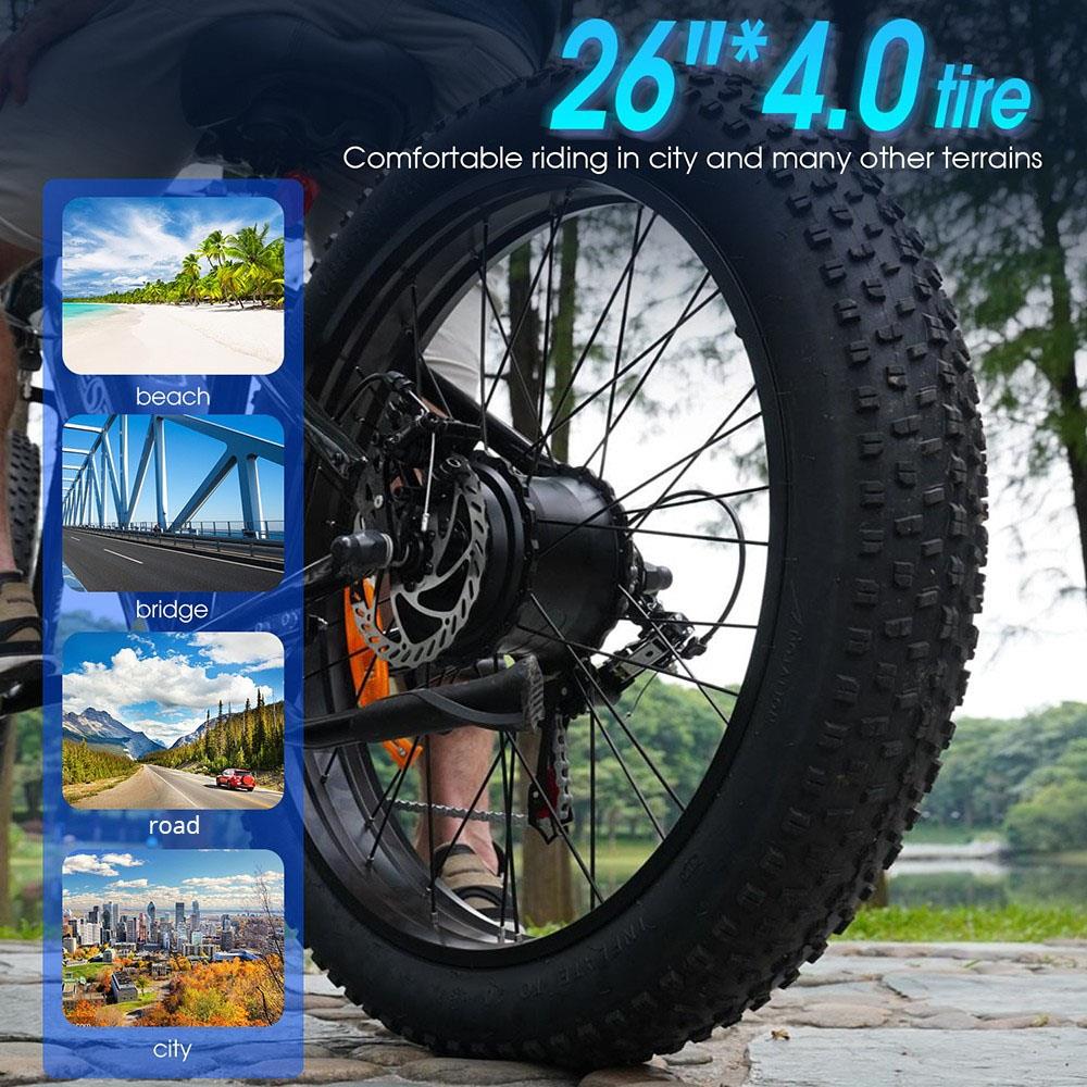 OT15 Electric Bike, 26*4 inch Fat Tires, 500W Motor, 48V 17Ah Battery, 25km/h Max Speed, 100km Max Range