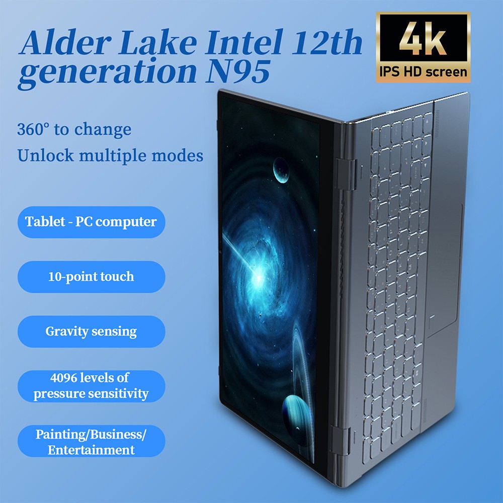 GXMO YOGO 14-inch laptop, 360° omklapbaar, 3840*2160 4K 10-punts aanraakscherm, Intel Alder Lake N95 4 cores tot 3,4GH