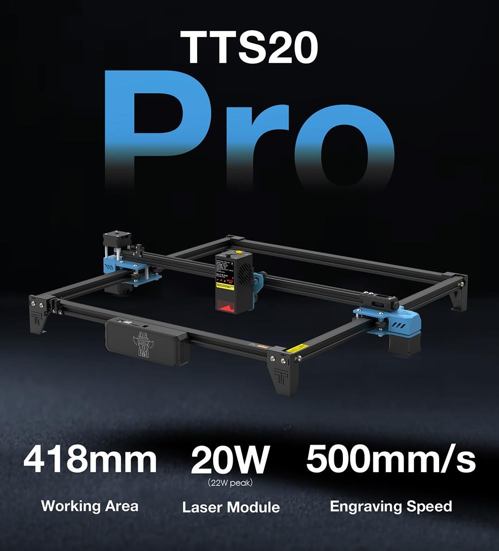TWO TREES TTS-20 Pro 20 W Lasergravierer mit Luftunterstützungssatz, Laserbett, 0,08 x 0,08 mm, 418 x 418 mm