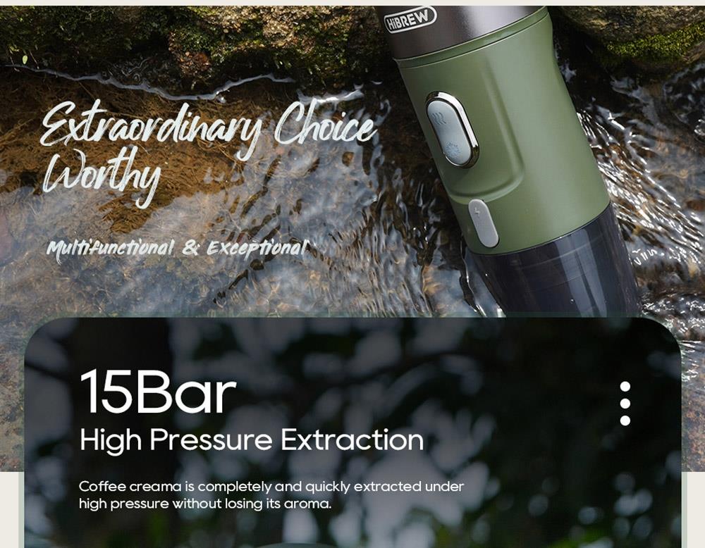 HiBREW H4B Kabellose tragbare 3 in 1 Espresso-Kaffeemaschine, 15 Bar Druck, 2200mAh Akku - Grün