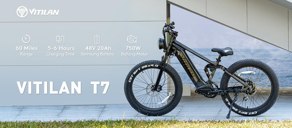 Vitilan T7 Mountain Electric Bike, 26*4.0-inch CST Fat Tires, 750W Bafang Motor, 48V 20Ah Battery - Black