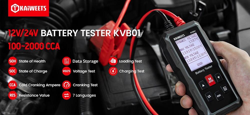 KAIWEETS KVB01 12V 24V Auto-Batterie-Tester, 100-2000 CCA, Anfahr-Lade-Test, Batterie-Analysator