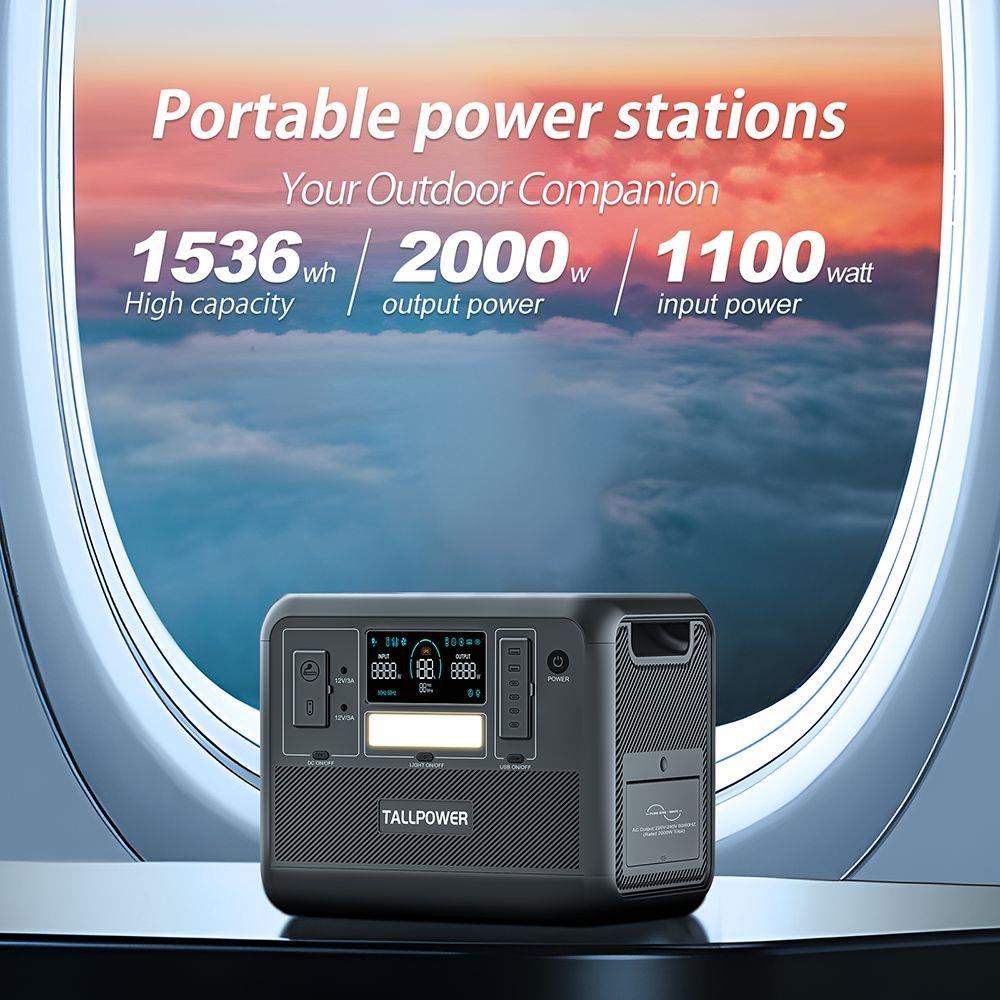 TALLPOWER V2000 Portable Power Station, 1536Wh LiFePo4 Solar Generator, 2000W AC Ausgang - Grau