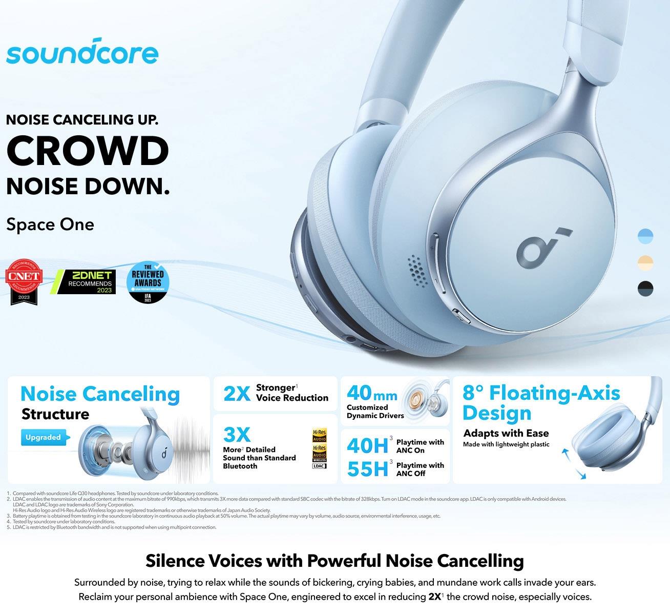 Anker Soundcore Space One Headphones, Active Noise Canceling, App Control, 40 Hours ANC Playtime - Blue