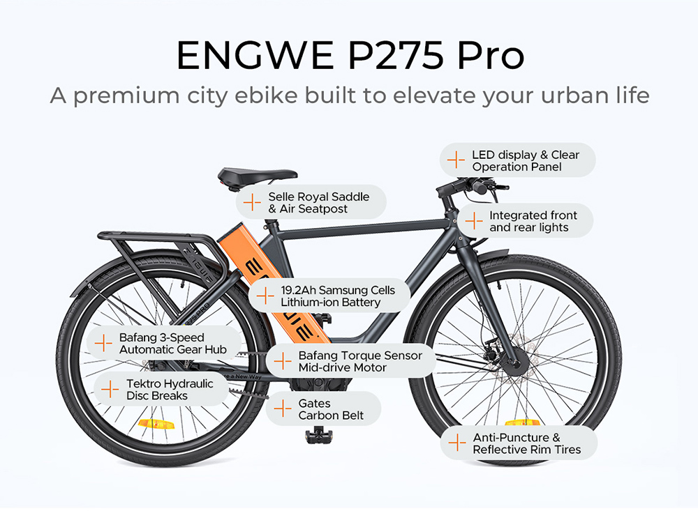 ENGWE P275 Pro 250W Mid-Motor Commuter Electric Bike, 260km Max Range, 19.2Ah Samsung  cell - Black and Orange