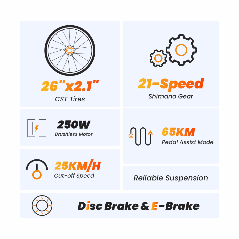 Touroll U1 26 MTB Electric Bike with 250W Motor, 13Ah Removable Battery, 65KM Range, 26x2.1 CST Off-Road Tires