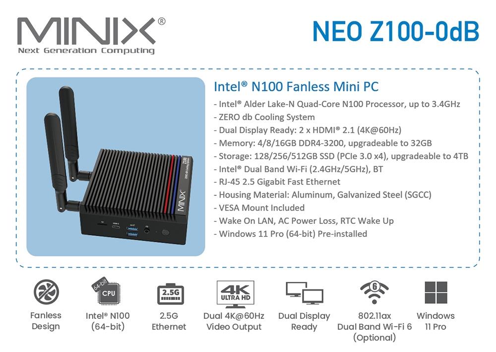 MINIX Z100-0dB Mini PC, Intel N100 Quad-Core 3,4GHz, 16GB DDR4 RAM 512GB SSD, Dual Band WiFi6 Bluetooth5.2