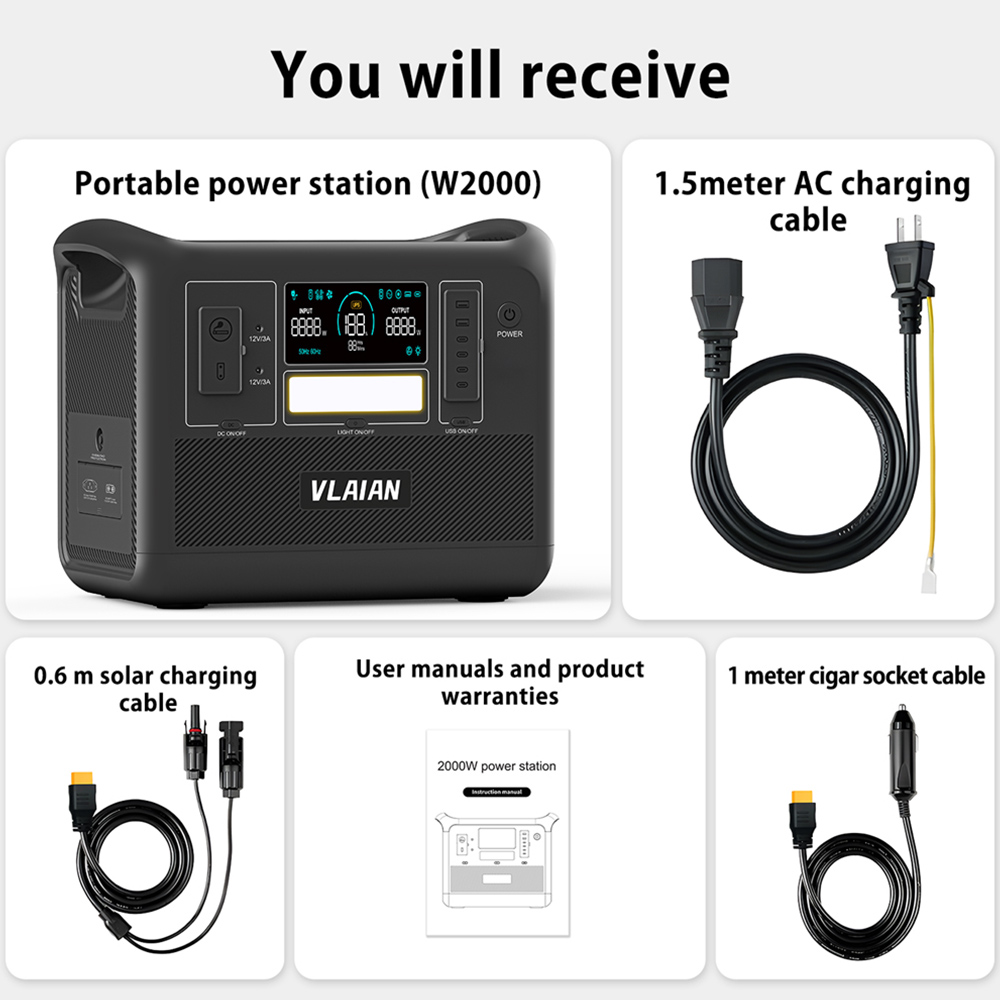 VLAIAN W2000 Portable Power Station, 1536Wh LiFePo4 Solar Generator, 1.5 Hours Fast Charging - Black