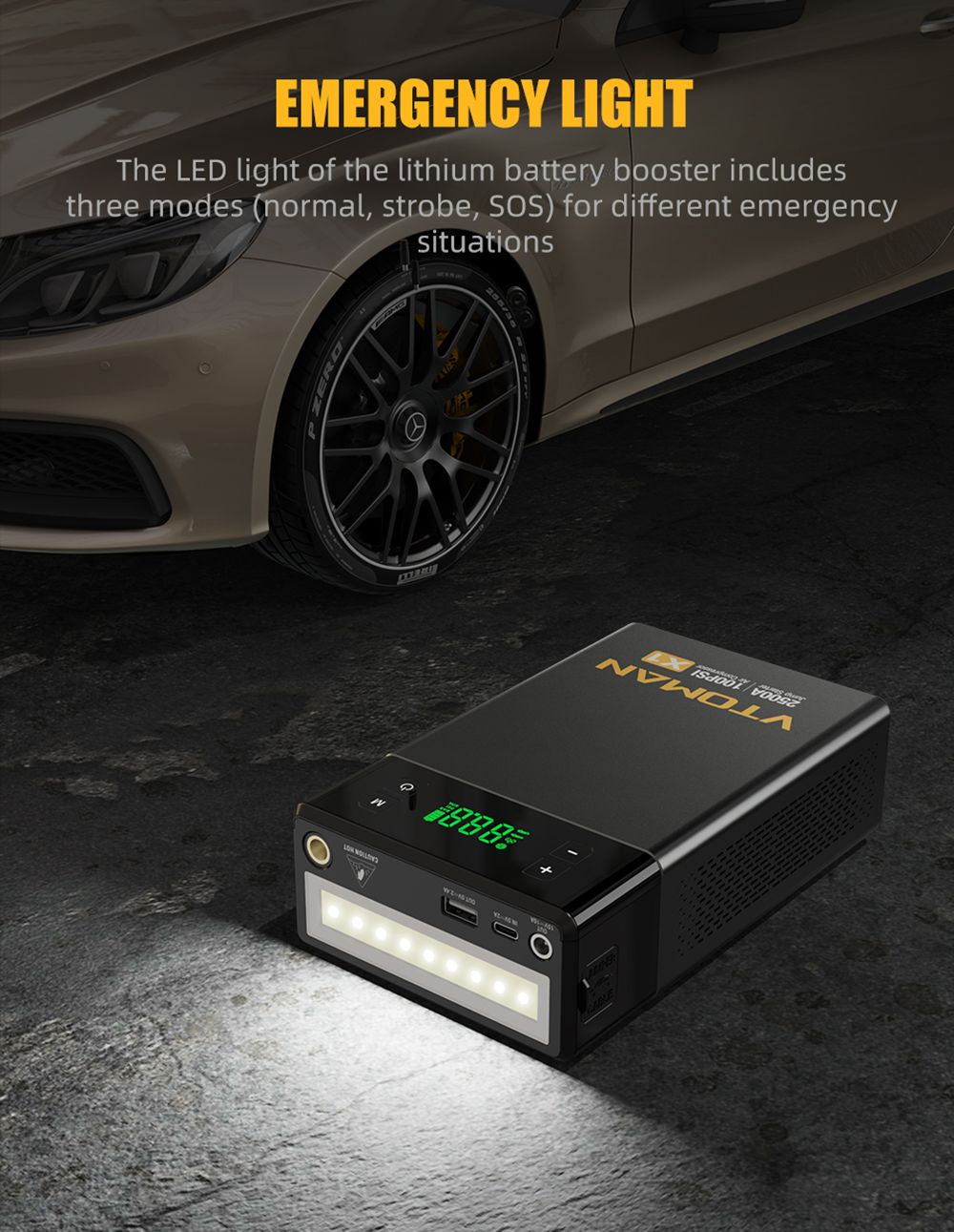 VTOMAN X1 Starthilfe mit 7 Bar Luftkompressor, 12 V Lithium-Batterie-Starthilfebox, 400 Lumen LED–Schwarz