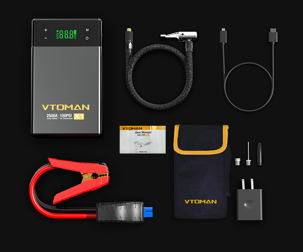 VTOMAN X1 Starthilfe mit 7 Bar Luftkompressor, 12 V Lithium-Batterie-Starthilfebox, 400 Lumen LED–Schwarz