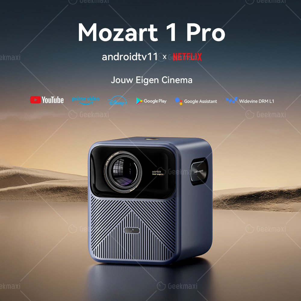 Wanbo Mozart 1 Pro LCD Projector, 900 ANSI, Native 1080P, Android TV 11, Netflix gecertificeerd, Auto Focus