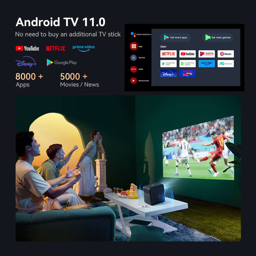 Wanbo Mozart 1 Pro LCD Projector, 900 ANSI, Native 1080P, Android TV 11, Netflix Certified, Auto Focus