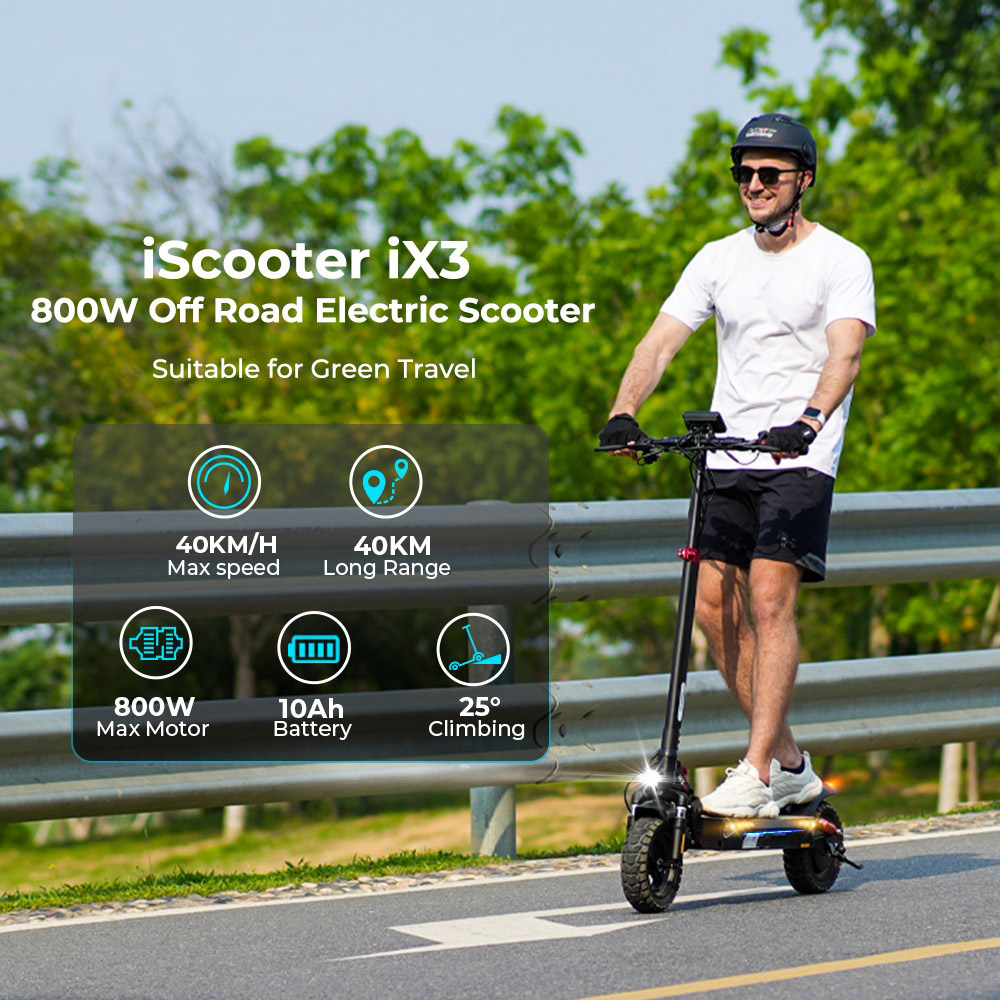 iScooter iX3 Foldable Electric Scooter, 10 Off Road Pneumatic Tubeless Tires, 800W Motor, 10Ah Battery, 40km/h Max Speed