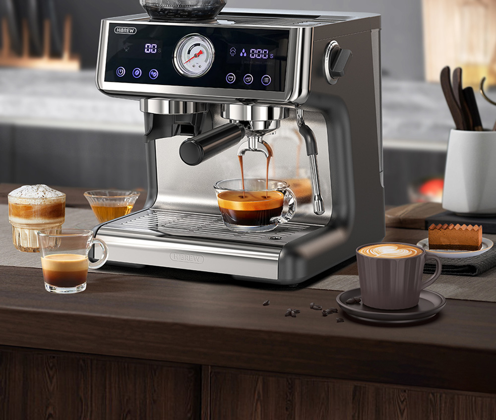 HiBREW H7A Kaffeemaschine Espressomaschine, 20 Bar Druck, Dualboiler, 30 Stufen Mahlwerk – Silber