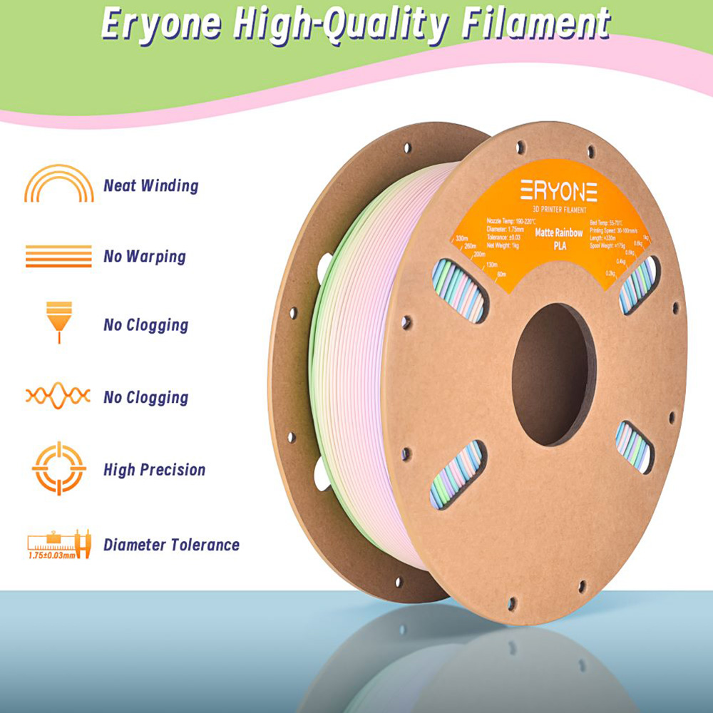 ERYONE Mat PLA Filament 1kg - Regenboog Aquarel Vijf Kleuren (Roze/Paars/Blauw/Groen/Lemon Geel)