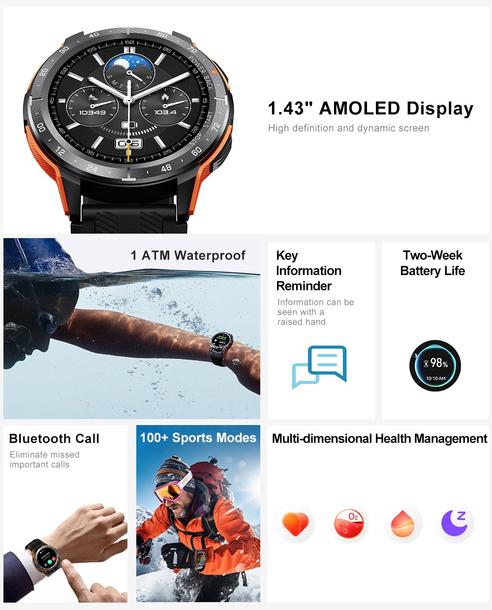 VIRAN W101 Smart horloge voor mannen, 1.43 AMOLED scherm, bloeddruk SpO2 hartslag slaapmonitor - koffiekleur