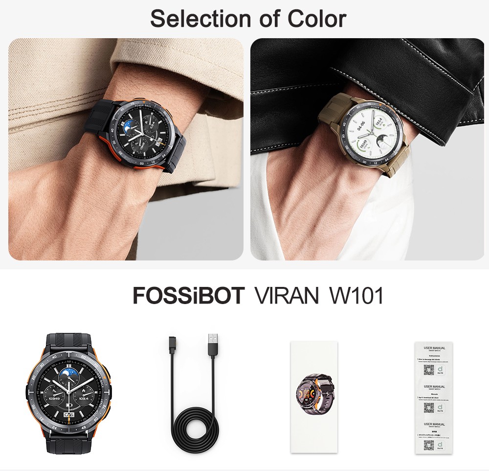 VIRAN W101 Smart horloge voor mannen, 1.43 AMOLED scherm, bloeddruk SpO2 hartslag slaapmonitor - koffiekleur