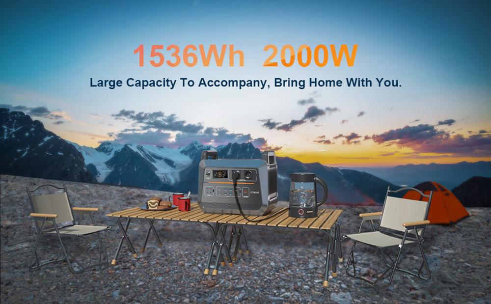 CTECHi ST2000 2000W Portable Power Station, 1536Wh LiFePO4 Battery, 15 Outputs, LED Light - EU Plug