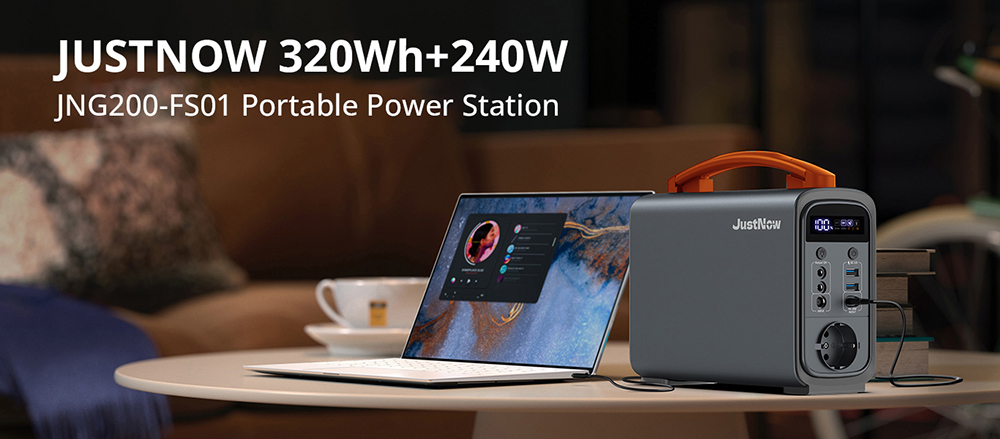 JustNow GT240 Pro 240W draagbare energiecentrale, 320Wh LiFePO4 accu zonnegenerator, 60W PD snelladen, LED-lampje