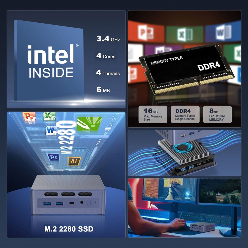 GXMO N95 Mini PC, Intel Alder Lake N95 4 Cores Up to 3.4GHz, 8GB RAM 256GB SSD, DP HDMI 4K 60Hz Dual Screen Display